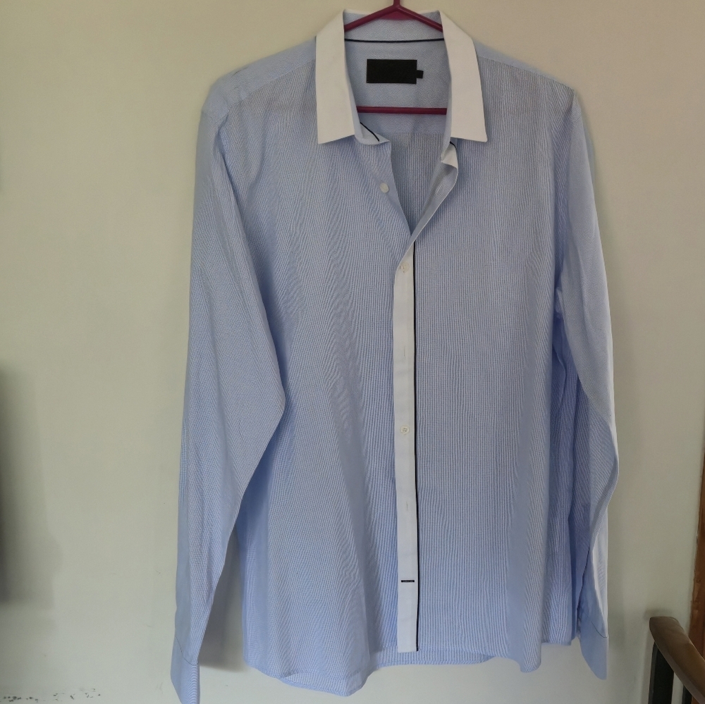 VITO Affiliated Brand Men XL Blue Micro Check Long Sleeve Button Up Dress Shirt - Picture 2 of 9